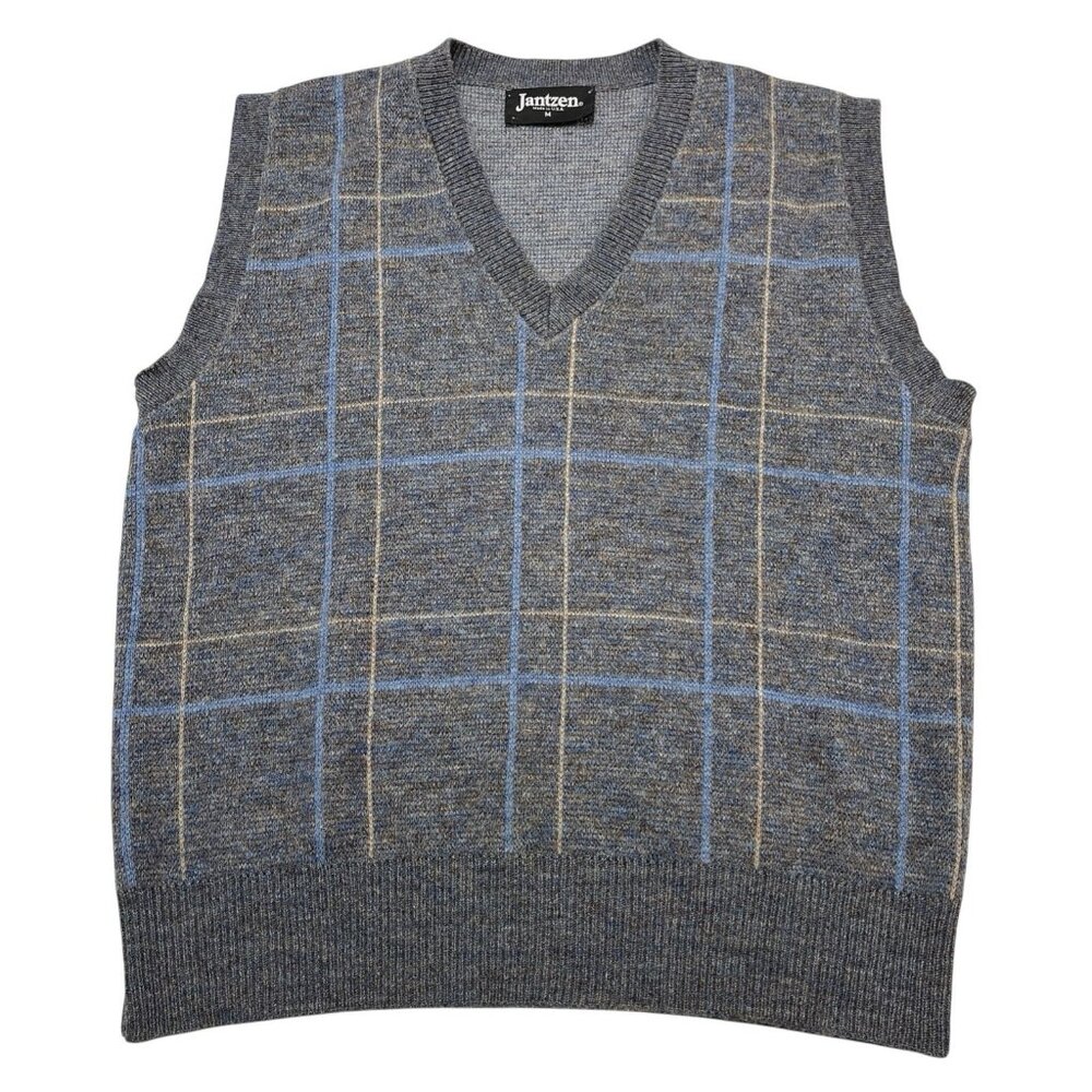 Vintage Jantzen Sweater Vest M Windowpane Plaid Gray Wool Blend Pullover Grandpa